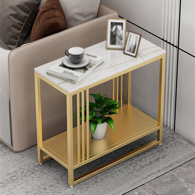 Slim Marble-Look Side Table with Storage Shelf